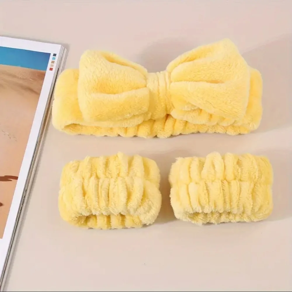 3pc Bow Spa Headband Wristbands Set Fluffy Skincare Face Washing Makeup